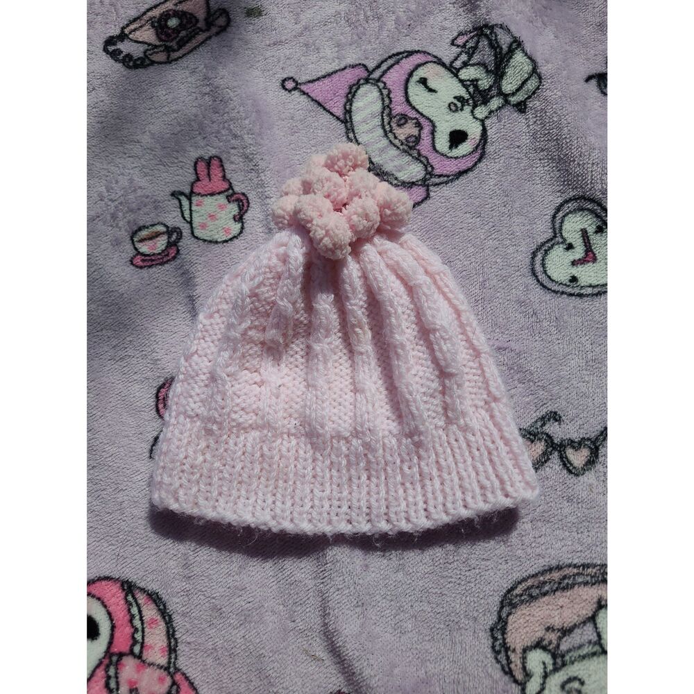 Handmade Handknit Pastel Light Pink Crochet Pom Newborn Baby Toddler Winter Hat